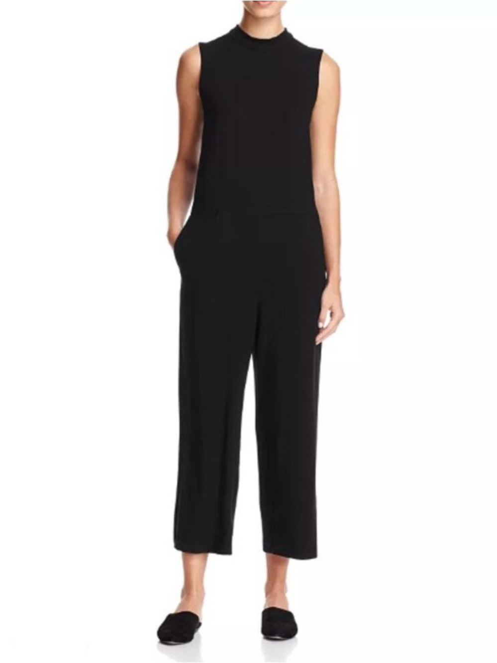 Eileen Fisher Black Viscose Jersey Cropped Jumpsuit Wide Leg Sleeveless XL